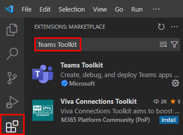 Screenshot shows the Teams Toolkit search and the result.